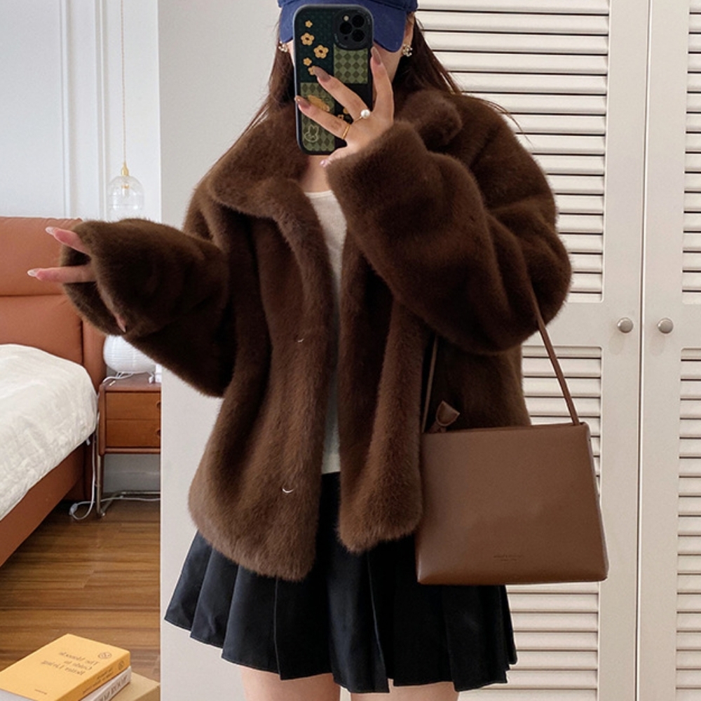 Women Faux Fur Coat, Mink Fur Integrated Short Stand Collar - Picture 3 of 13